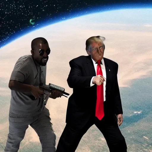 Image similar to donald trump and kanye west shooting guns in outer space