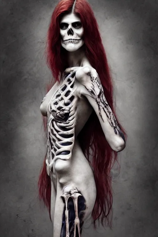 Image similar to skeleton black bones full body tattoo!!, covered with blood, alexandra daddario face!!, long red hair, beautiful blue eyes, ultra realistic, concept art, intricate details, highly detailed, photorealistic, octane render, 8 k, unreal engine. retro film still, heavy grain, 3 5 mm, art by artgerm and greg rutkowski and alphonse mucha