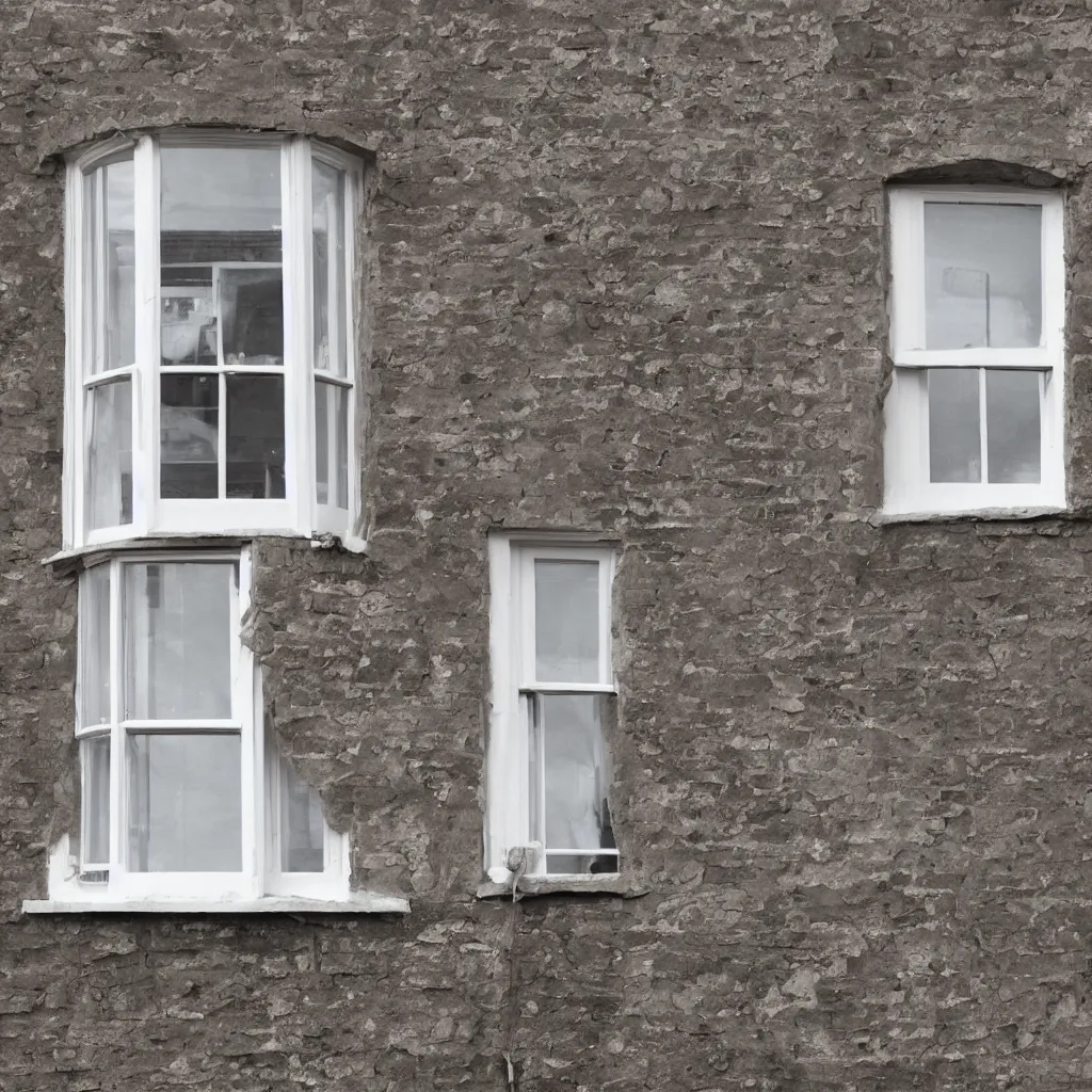 Image similar to single triangular or round sash window on a british wall, surprised and perplexed builders standing in front of it