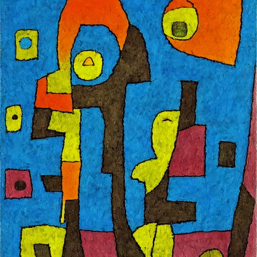 Prompt: a painting in the style of paul klee, a man looks through the window of an old house and sees a woman in a blue dress surrounded by sun flowers