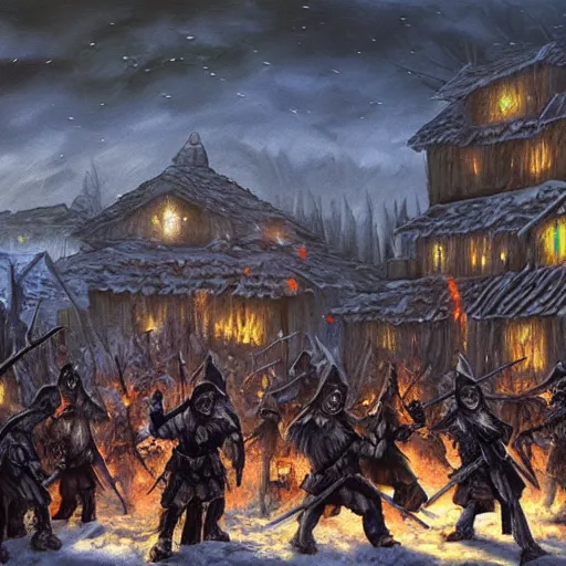 Image similar to Undead army descends upon a village in the middle of a winter night, photorealistic oil painting