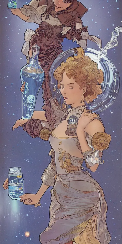 Image similar to a woman wearing outer space as a dress, pouring water from a vase into the milky way, by travis charest, by alphonse mucha, battle chasers.