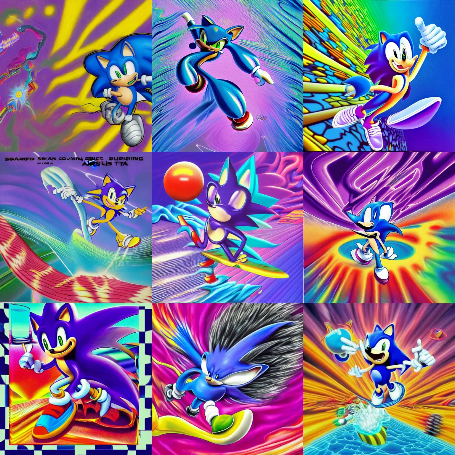 Prompt: surreal, sharp, detailed professional, soft pastels, high quality airbrush art mgmt album cover of a liquid dissolving airbrush art lsd dmt sonic the hedgehog surfing through cyberspace, purple checkerboard background, 1 9 9 0 s 1 9 9 2 sega genesis rareware video game album cover