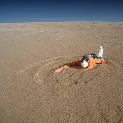 Prompt: , an astronaut, making sand angels , on the surface of a seammingly baron planet , with earth and a star filled background