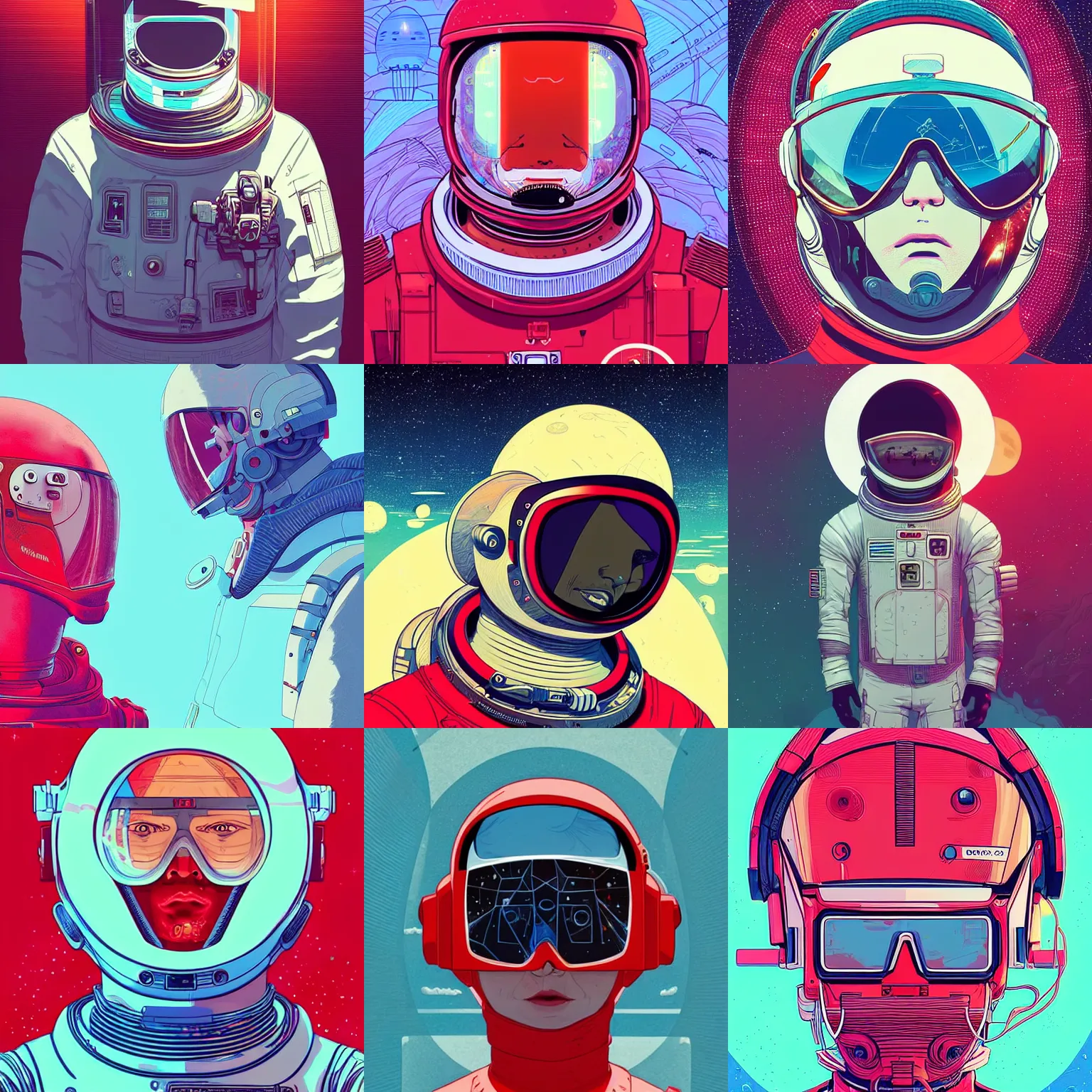 Prompt: cool futuristic space explorer portraits. sunglasses red astronaut suit. josan gonzalez, victo ngai