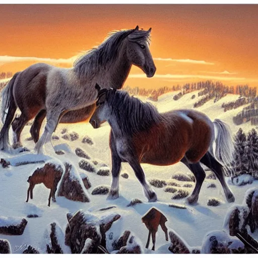 Image similar to painting of a herd of wild horses on a snowy mountain in the style of Bev Doolittle, HD, Detailed, Realism