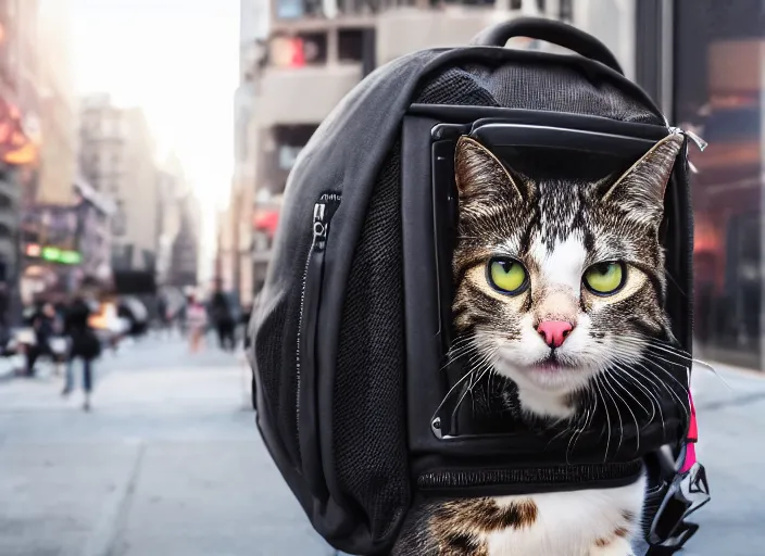 Image similar to photography of a Cat being carried in a backpack . in a new york street. award winning photo, led lighting, night, 130mm, sharp, high res