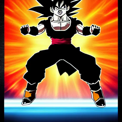 Prompt: goku black silhouette poster with sun background, simple style, character art, sharp focus, highly detailed, artstation