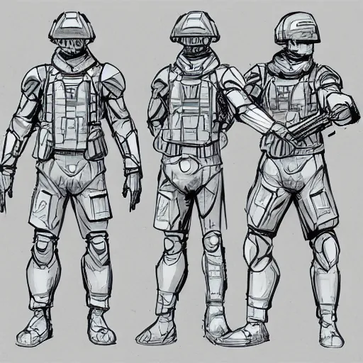 Prompt: sketches concept art standard tactial soldier lightweight nano chest armor plating millitary modern future era variants digital outline