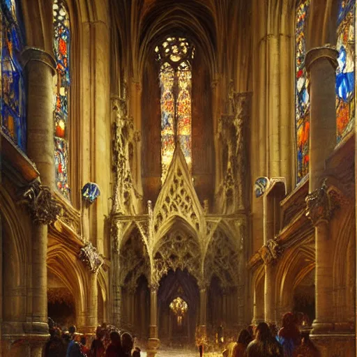 Prompt: inside a giant medieval cathedral, ornate and intricate details. highly detailed painting by gaston bussiere, j. c. leyendecker 8 k