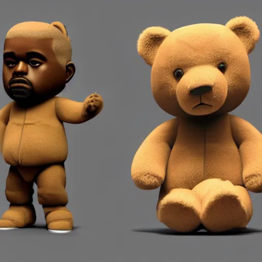 Image similar to 3d render of Kanye West holding a light-brown teddy bear in his arms, highly detailed, HD, 4k, 8k, Canon 300mm, professional, 40mp