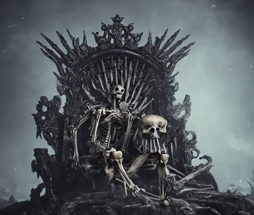 Prompt: a singular skeleton king sitting on a dark throne on the top of a mount of bones, digital art, trending on DeviantArt, highly detailed, high quality, 8K HDR, octane render, unreal engine 5, raytracing, cinematic lighting, concept art, dramatic environment