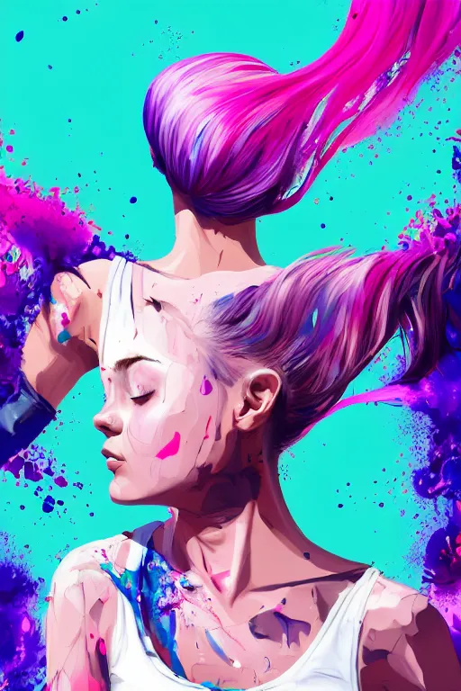 Image similar to a award winning half body portrait of a beautiful woman in a croptop and cargo pants with ombre purple pink teal hairstyle with head in motion and hair flying by artgerm, paint splashes, splatter, outrun, vaporware, shaded flat illustration, digital art, trending on artstation, highly detailed, fine detail, intricate