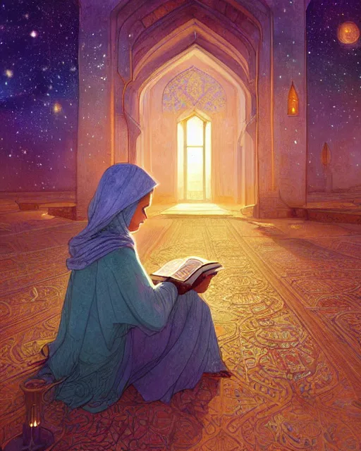 Image similar to bedouin child reading the quran inside of the mosque in the galaxy surrounded by nebula, highly detailed, gold filigree, romantic storybook fantasy, soft cinematic lighting, award, disney concept art watercolor illustration by mandy jurgens and alphonse mucha and alena aenami, pastel color palette, featured on artstation