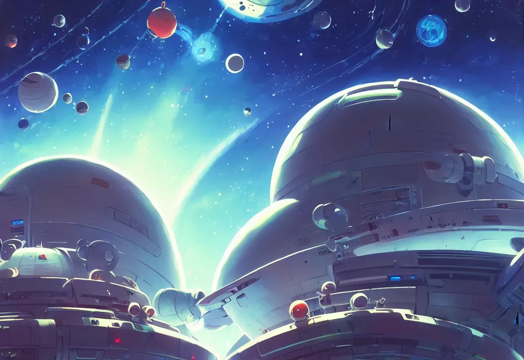 Prompt: a small chubby futuristic space station in space, planets in the background, intricate oil painting, high detail illustration, sharp high detail, manga and anime 1 9 9 9, official fanart behance hd artstation by jesper ejsing and makoto shinkai, 4 k,