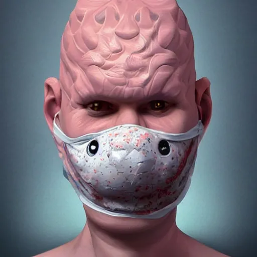 Image similar to man wearing axolotl face mask. digital art by atsushi okui. extreme detail.