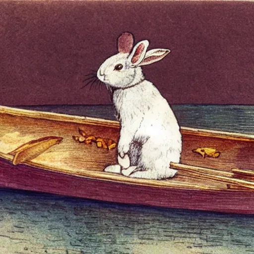 Image similar to a rabbit sitting in a rowboat on a calm river, in the style of carl larsson