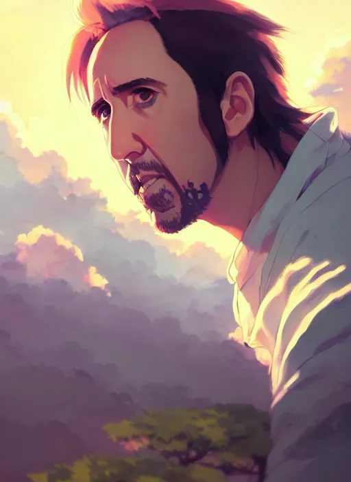 Image similar to portrait of nicolas cage, cloudy sky background lush landscape illustration concept art anime key visual trending pixiv fanbox by wlop and greg rutkowski and makoto shinkai and studio ghibli