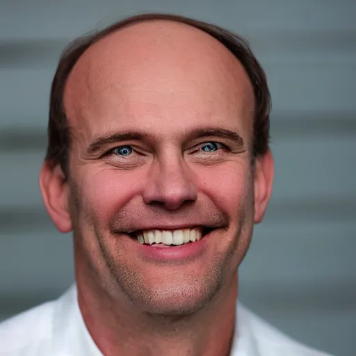 Image similar to color photograph of a balding, middle aged, brown haired, hairy, blue eyed, round faced, short white man dressed in a white shirt, smiling at the camera with perfect, straight white teeth