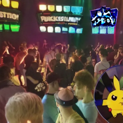 Image similar to pokemon party in a techno nightclub in berlin