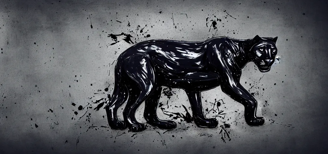 Image similar to a panther, made of tar, sticky, full of tar, covered with tar, dripping tar, dripping tar, splattered tar, sticky tar. concept art, reflections, black goo, animal drawing, desktop background, in the suburban backyard
