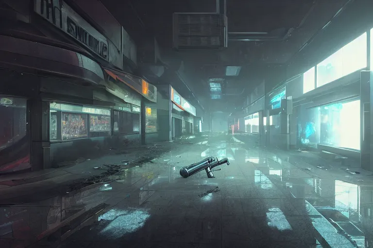 Image similar to first person view with a gun of a abandoned cyberpunk shopping mall, cinematic lightning, ray tracing, unreal engine, photorealistic fps game concept art, detailed, dark, moody, foggy