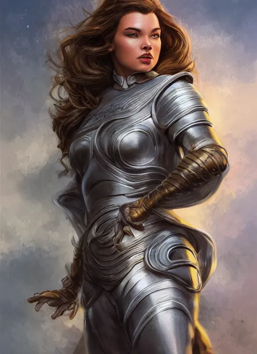 Image similar to beautiful female dorothy gale, rebecca romijn as dorothy, full body character concept, covered in full beautiful silver armor, art nouveau, super powers, fantasy, intricate, elegant, highly detailed, digital painting, artstation, concept art, shining, sharp focus, illustration, art by stanley lau