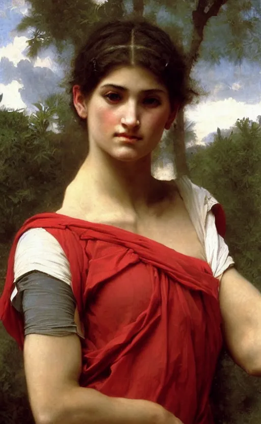 Image similar to portrait of athletic livid girl, red and white peplos , hd, realistic, bouguereau