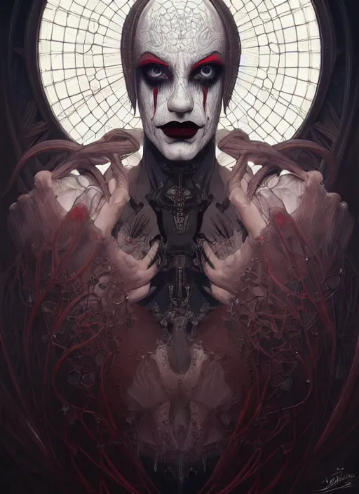 Prompt: symmetry!! portrait of giant clown monster, gothic, dark, intricate, elegant, highly detailed, digital painting, artstation, concept art, smooth, sharp focus, illustration, art by artgerm and greg rutkowski and alphonse mucha