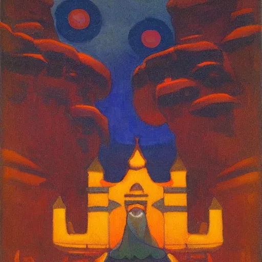 Prompt: Nicholas Roerich oil painting called Dwarf Almighty 1925 bright colors fear and reverence