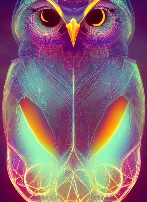 Image similar to symmetry!! product render poster vivid colors divine proportion owl, scifi, glowing fog intricate, elegant, highly detailed, digital painting, artstation, concept art, smooth, sharp focus, illustration,