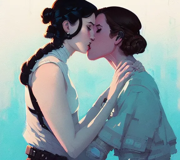 Image similar to portrait of han kissing leia by atey ghailan, by greg rutkowski, by greg tocchini, by james gilleard, by joe fenton, by kaethe butcher, dynamic lighting, gradient light blue, brown, blonde cream and white color scheme, grunge aesthetic