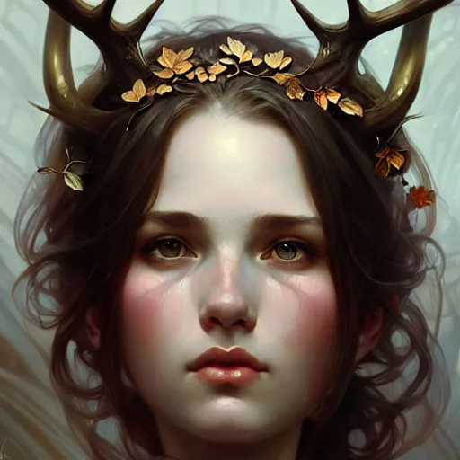 Image similar to A portrait of a girl with large antlers, face, fantasy, intricate, elegant, highly detailed, digital painting, artstation, concept art, smooth, sharp focus, illustration, art by Krenz Cushart and Artem Demura and alphonse mucha