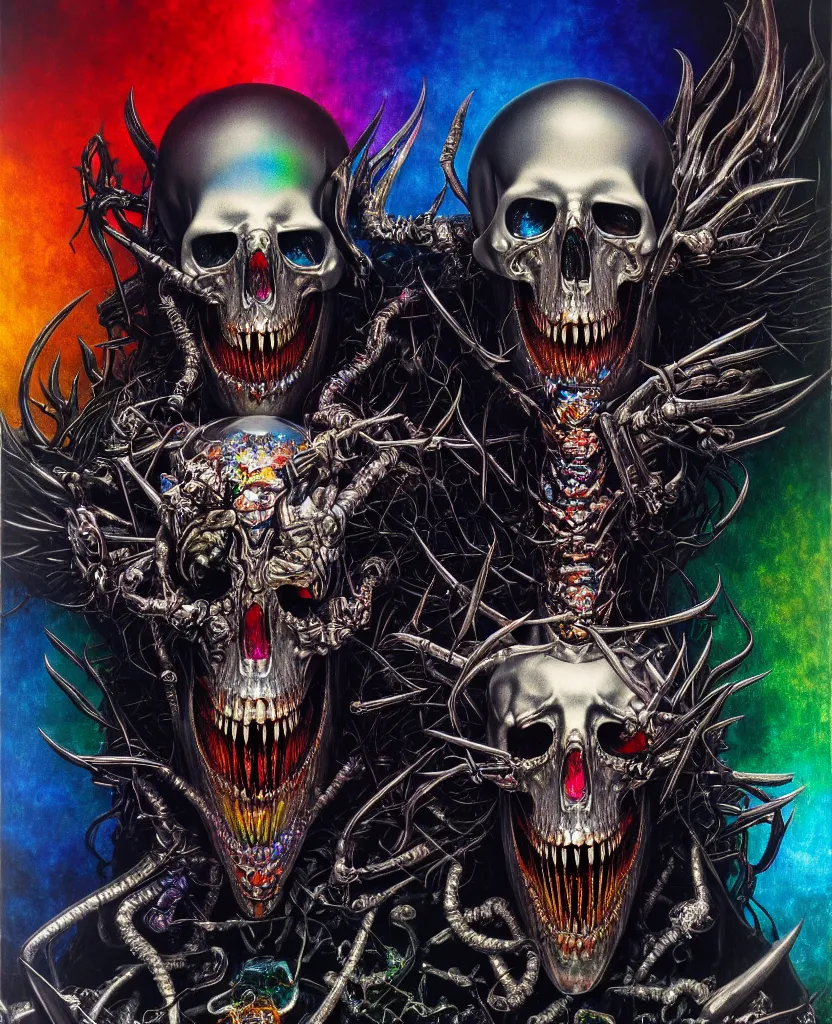 Image similar to realistic detailed image of ultra wrathful rainbow diamond iridescent mega chromed god of death, depth perception, depth of field, action horror by ayami kojima, neo - gothic, gothic, part by adrian ghenie and gerhard richter. art by wojtek siudmak, masterpiece