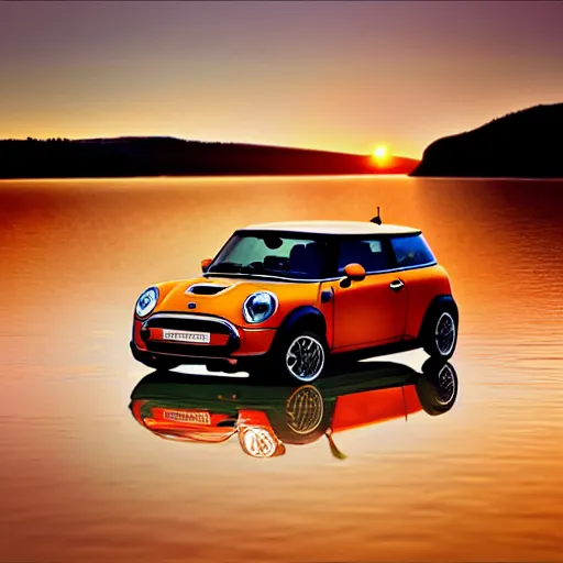 Prompt: Mini Cooper S driving past a lake reflecting the sunset across the water, photorealistic, hyper detailed