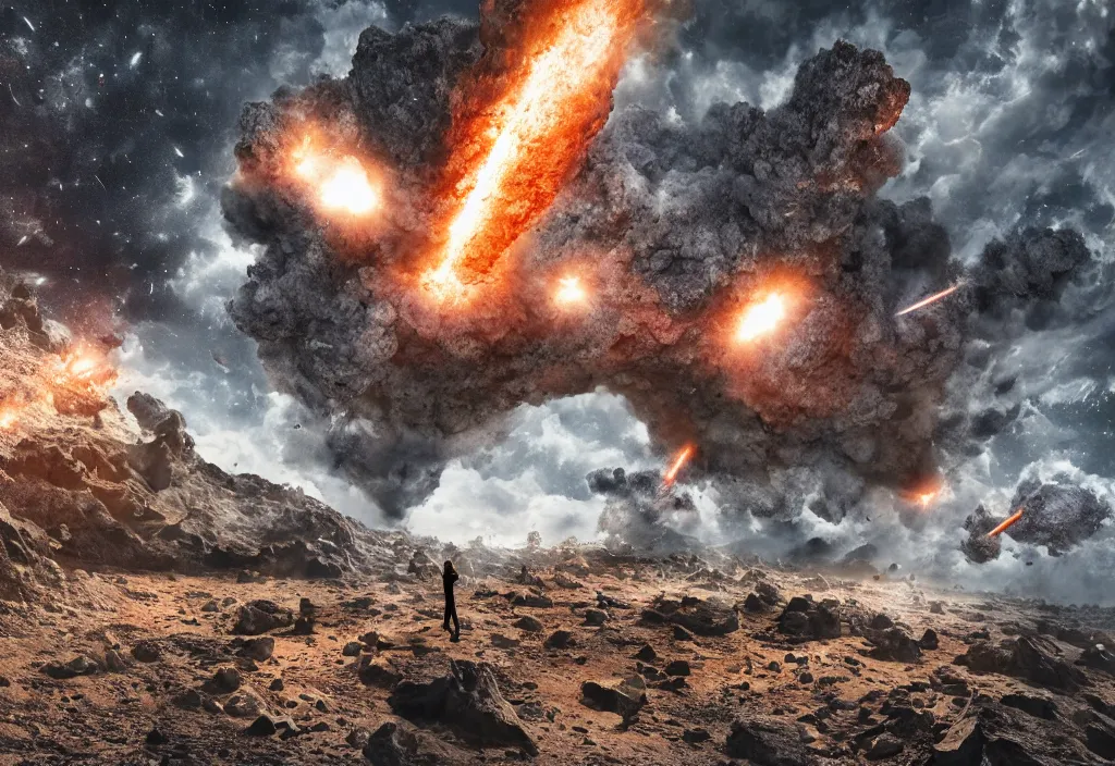 Image similar to fashion editorial of asteroids crashing on earth. gigantic explosions. wide angle shot. highly detailed. depth of field. high definition. 8k. photography.