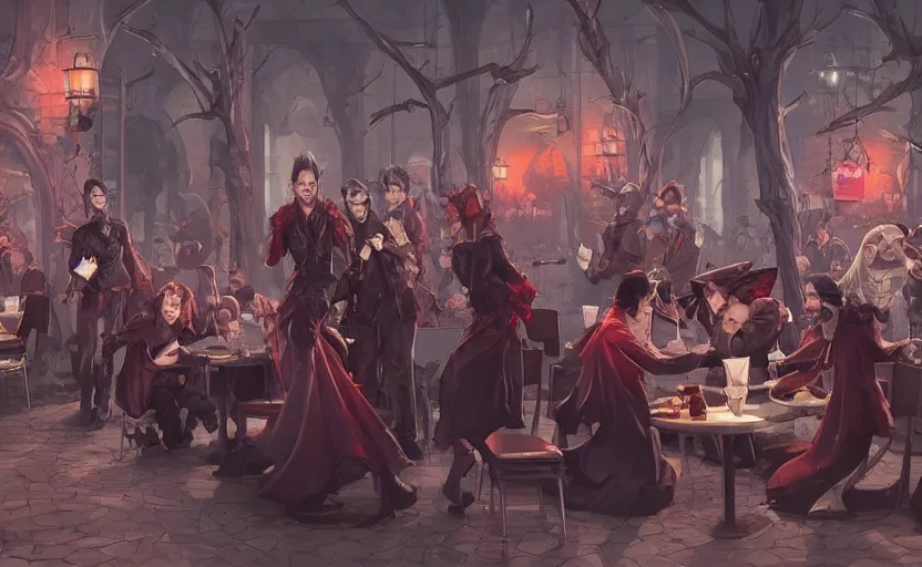 Image similar to group of vampires chilling at mcdonalds, fine details by stanley artgerm lau, wlop, rossdraws, james jean, andrei riabovitchev, marc simonetti, and sakimichan, trending on artstation