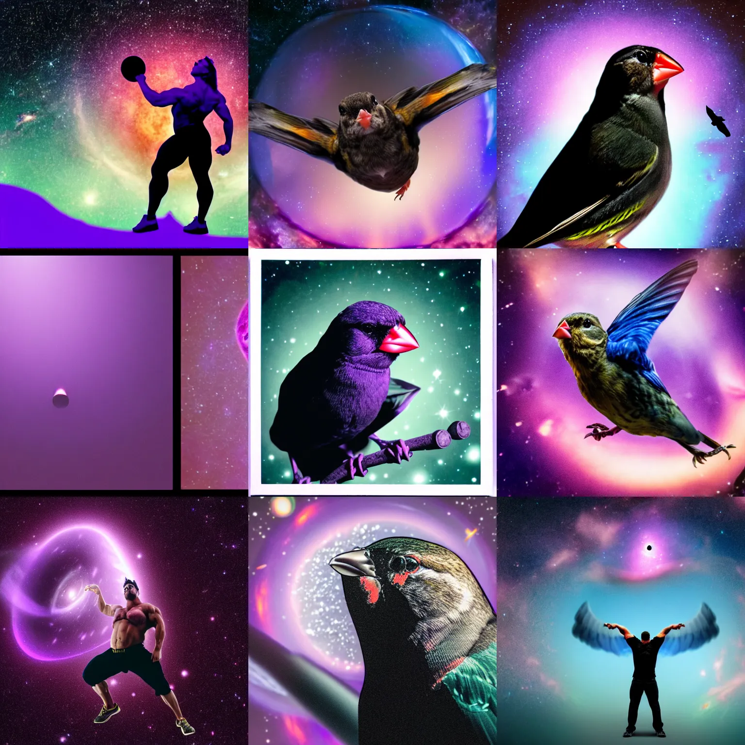 Prompt: Finch with two bodybuilder arms instead of wings, staring up into a purple blackhole, with the universe in the background, sideview, medium shot, realistic award-winning photograph, anamorphic lens