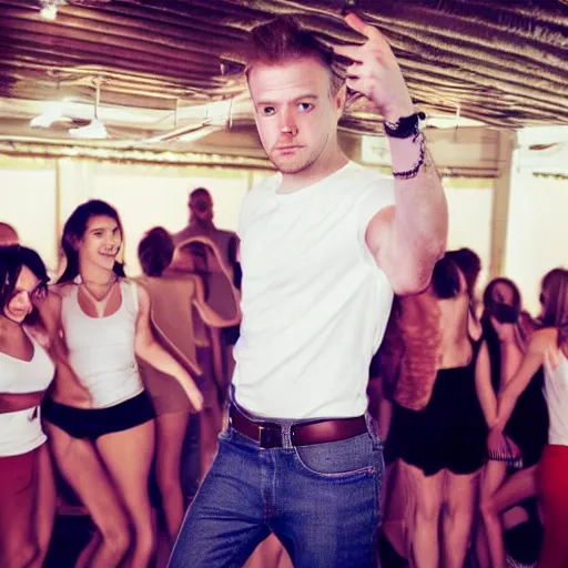 Image similar to photo of a 2 8 year old white man living thinking he's living the best life possible. he looks young for his age. he is at a dance club, it's as if he were in a music video. young woman are flocking to him and can be seen dancing around him in a seductive manner.