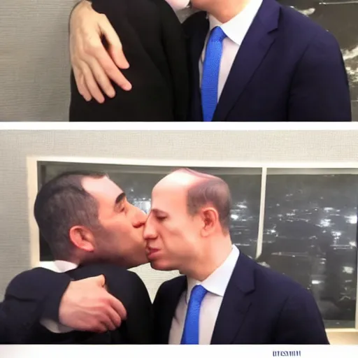 Image similar to benjamin netanyahu kissing naftali bennet, realistic, detailed