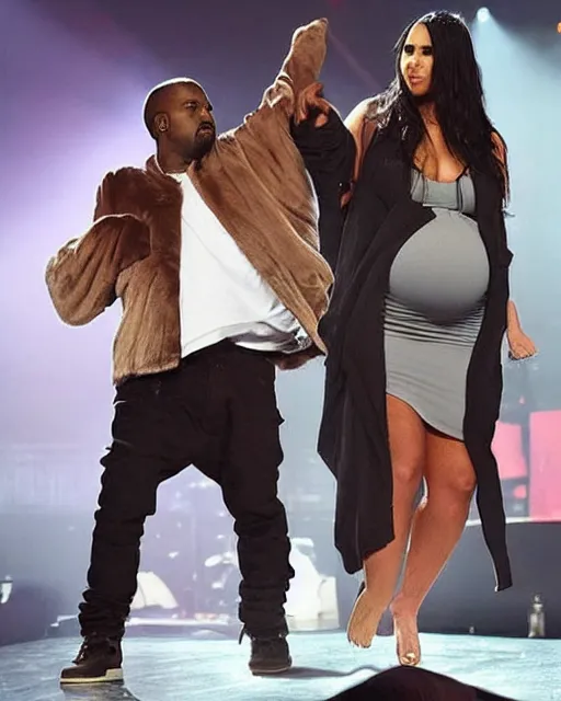Prompt: “Kanye West pregnant while performing on stage, belly exposed, big belly”