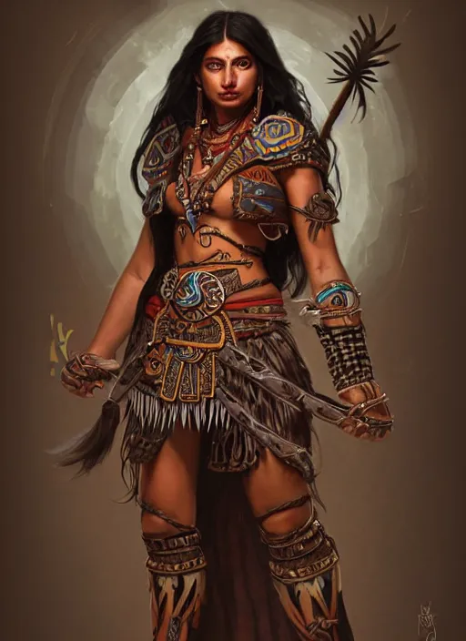 Prompt: portrait of an athletic aztec woman shaman as a diablo 3 character, looking at camera, D&D, alchemy master, long dark hair, intricate, elegant, stylish, cute smile, fantasy, extremely detailed, digital painting, artstation, concept art, smooth, sharp focus, illustration, ambient lighting, art by artgerm and greg rutkowski and alphonse mucha and simon stalenhag