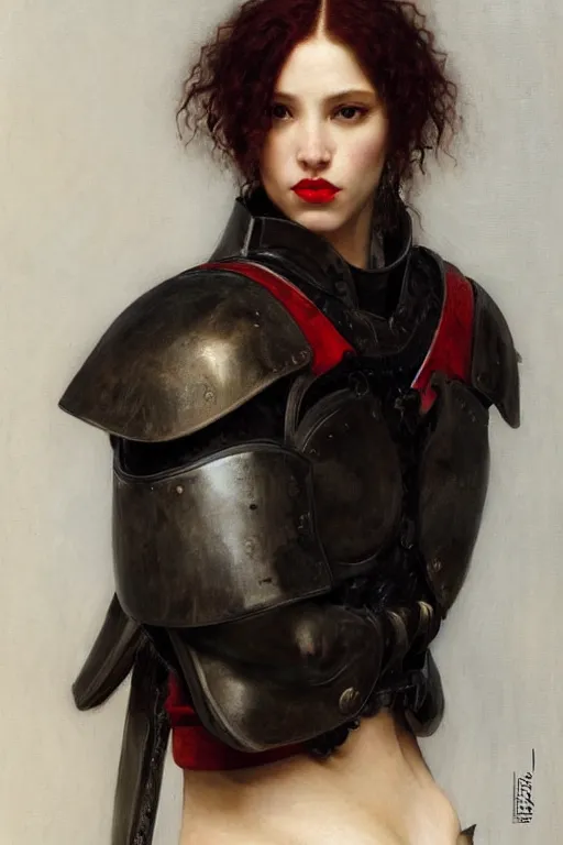 Prompt: portrait of a warrior, mulatto, mestizo, very beautiful face, pleasant facial features, red lips, long red hair, black closed velvet dress, leather armor, iron armor, white boots, clothes alexander mcqueen very beautiful style, photorealism, bouguereau, edgard maxence