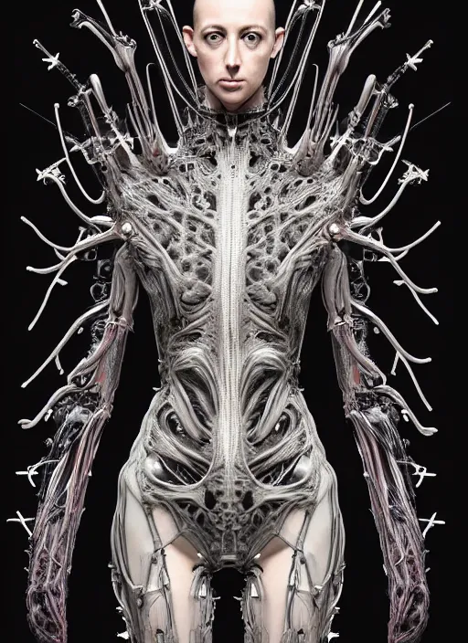 Image similar to iris van herpen gothic inflateble dark dress, perfect symmetrical body, helmet on face, full body shot, alien, plant predator, guyver, giger, wires, tubes, veins, jellyfish, white biomechanical details, wearing epic bionic cyborg implants, masterpiece, intricate, biopunk, vogue, highly detailed, artstation, concept art