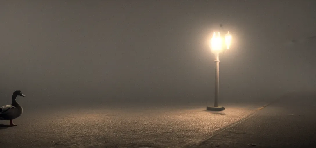 Prompt: close - up of a lonely duck under a street light, fog, cinematic shot, still from a movie by bong joon - ho