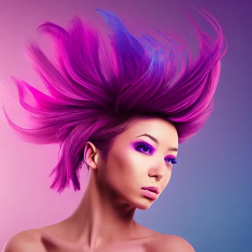 Prompt: a award winning upper body portrait of a beautiful woman in a coprtop with a ombre purple pink hairstyle with head in motion and hair flying, outrun, vaporware, vivid colors, highly detailed, fine detail, intricate