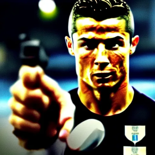 Prompt: movie still of cristiano ronaldo in the movie Heat,