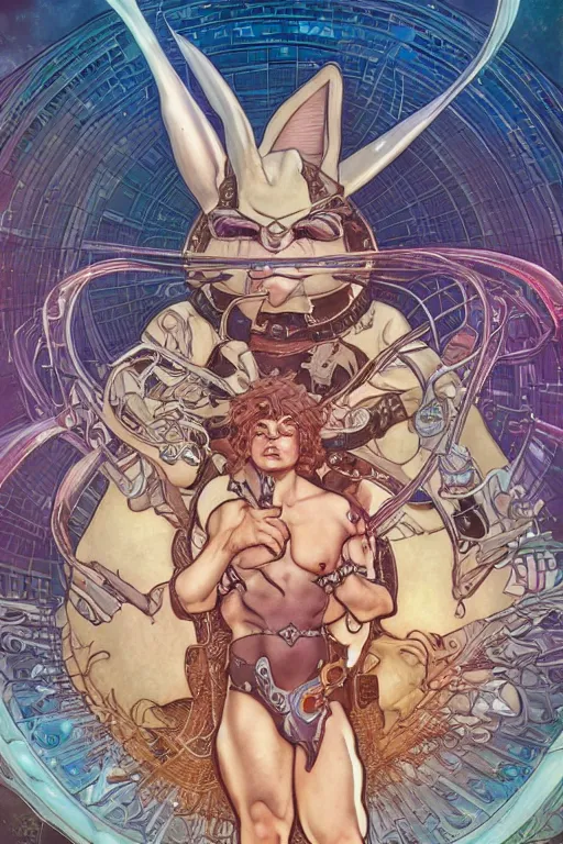 Image similar to big chungus emerging from a stargate, by artgerm and yoshitaka amano and moebius and alphonse mucha, hyperdetailed, dc comics, ornate, nebula, explosions in the sky, trending on artstation