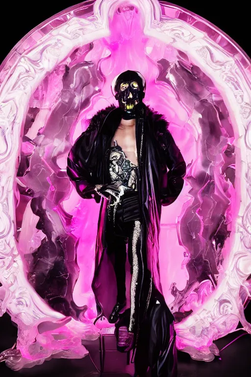 Image similar to photo of fullbody rococo and cyberpunk delicate neon crystalline sculpture of handsome muscular onyx albino marble prince joe jonas as an mint iridescent humanoid deity wearing pink plastic hooded cloak holding an onyx skull in a onyx space dungeon, reclining, glowing yellow face, crown of white diamonds, cinematic lighting, photorealistic, octane render, 8 k, depth of field, 3 d