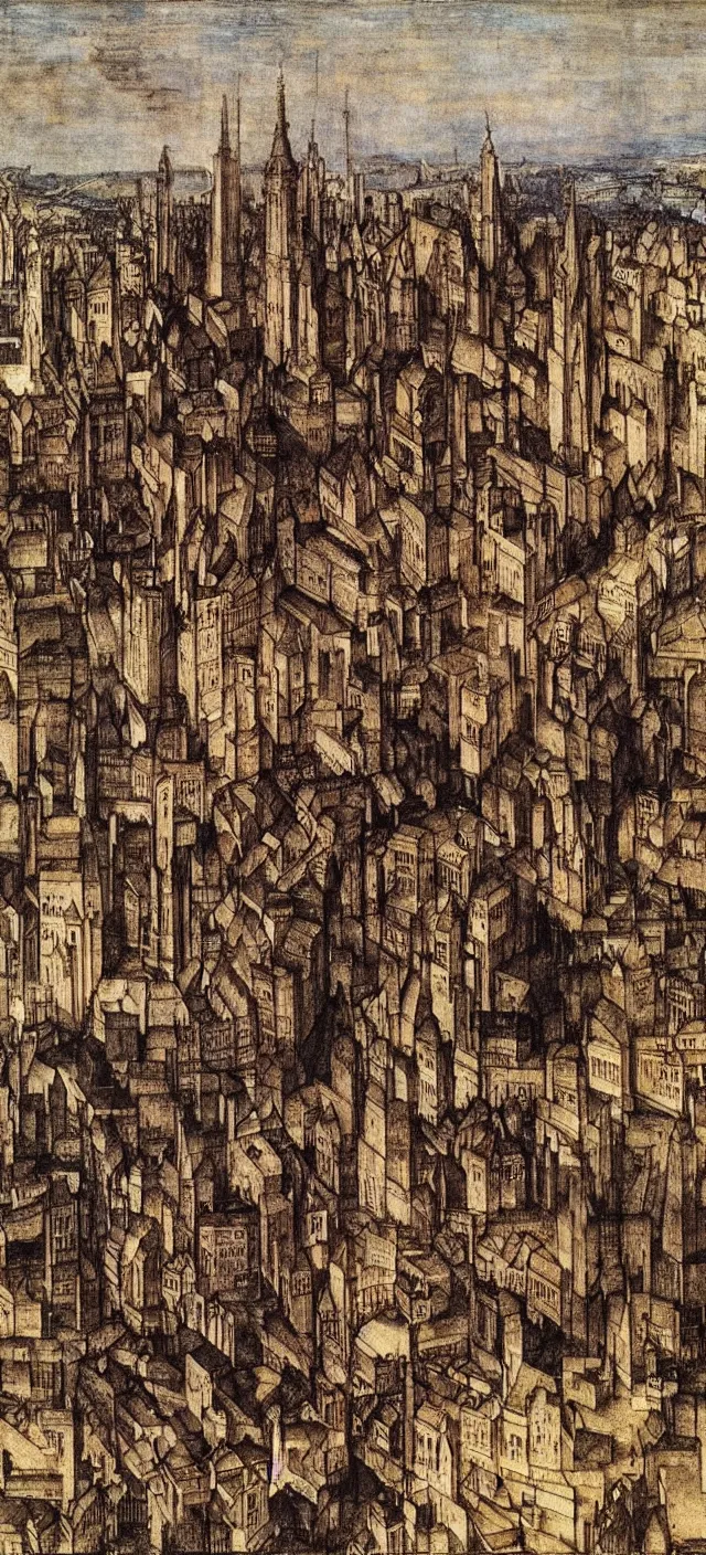 Image similar to a cityscape by albrecht durer, muted colors